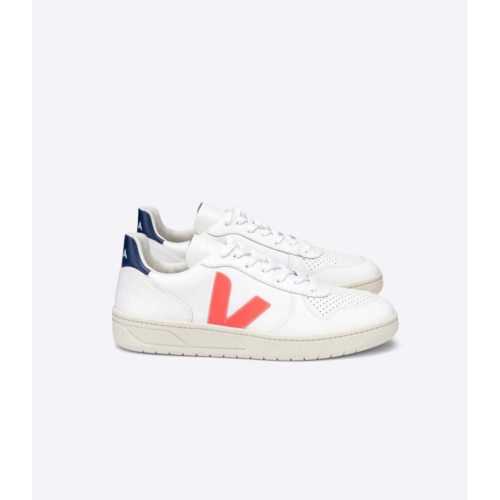 Veja V-10 LEATHER Women\'s Sneakers White/Orange/Blue | NZ 646JPQ